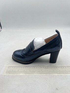 YDN Navy Chunky High Heels Round Toe Oxford Loafer Shoes Slip On Loafers